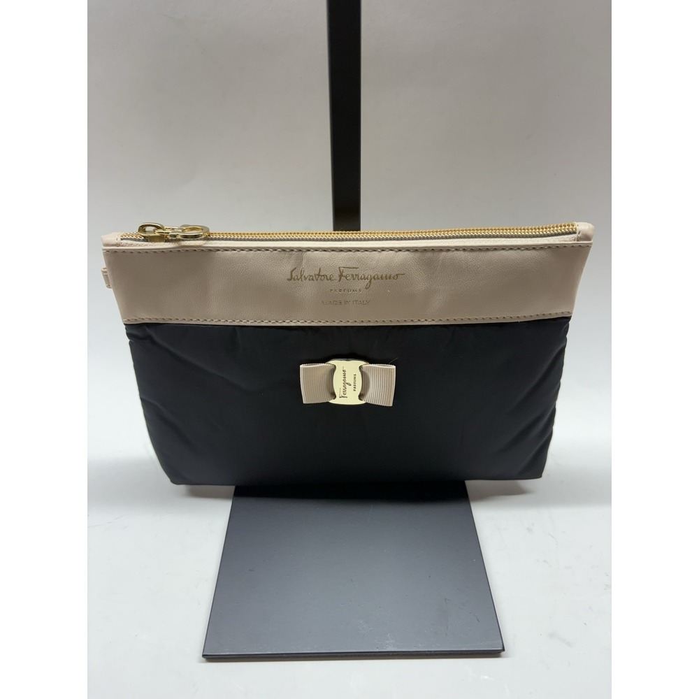 Salvatore Ferragamo Parfums GWP Black Nylon Beige Leather‎ Wristlet Clutch Italy